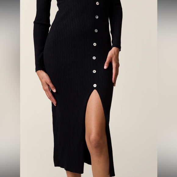 Rouje Paris Mila Midi Dress Black Eyelet Ribbed sweater faux wrap v neck button - Picture 5 of 15